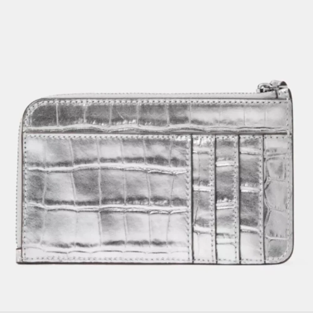 Kate Spade Lucy Croc Embossed Small L‑Zip Card Holder Wristlet – Silver – NWT